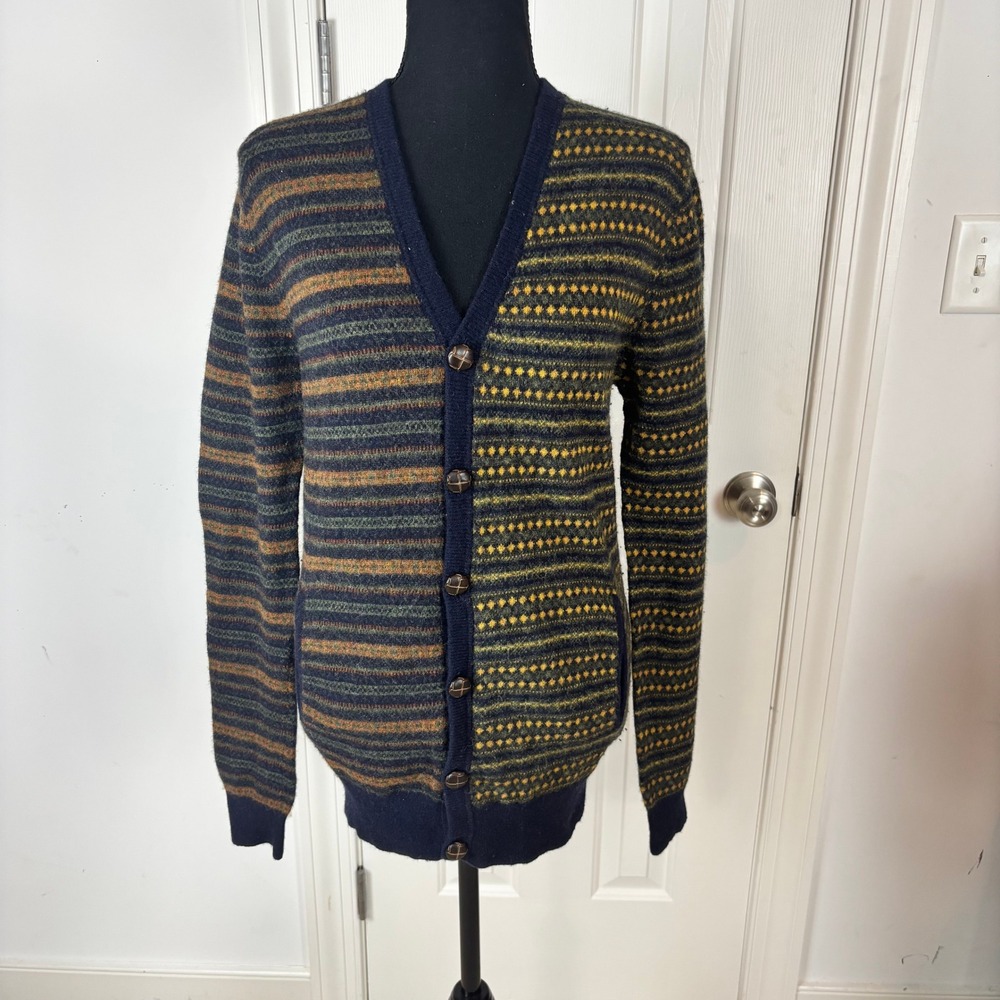 French Connection Lambswool Cardigan Small Navy Mixed Stripe Fair Isle V-Neck